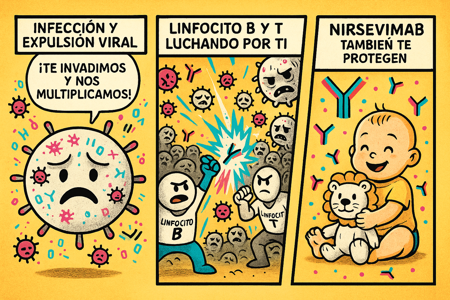 Viñeta 1: célula blanca con contorno negro y expresión triste, expulsando pequeños virus magenta y cyan. Viñeta 2: linfocito B redondeado y linfocito T ovalado cooperando—uno lanza rayos en forma de Y y el otro ejecuta un golpe ascendente—atacando un grupo de células infectadas estilo zombis. Viñeta 3: bebé sonriente abrazando un peluche de león, rodeado de pequeños anticuerpos en forma de Y, con la palabra ‘Nirsevimab’ sobre su cabeza.
