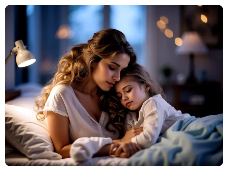 Madre abrazando a su hijo pequeño por la noche