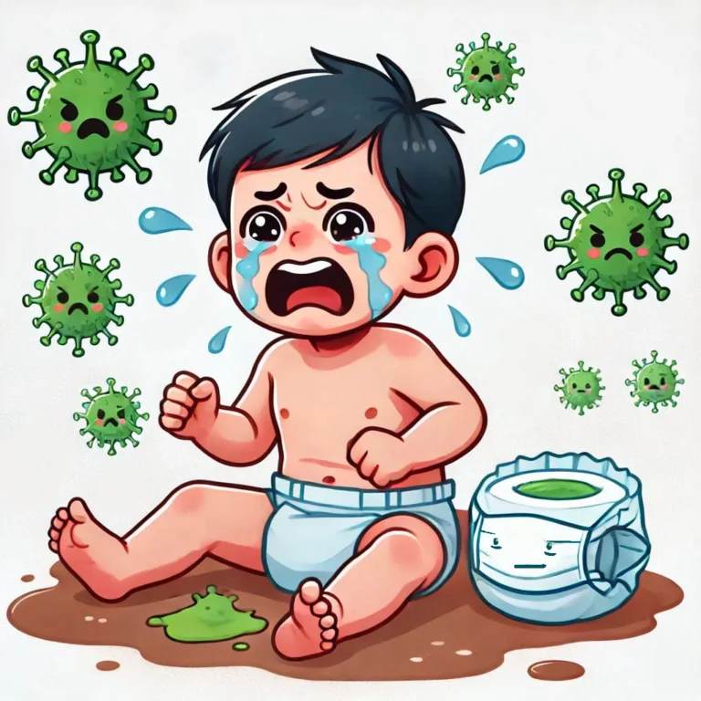 Ilustración de un bebé llorando con pañal, rodeado de virus verdes