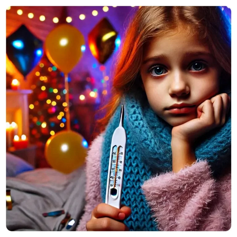 Niña con aspecto cansado sosteniendo un termómetro, con luces de fondo