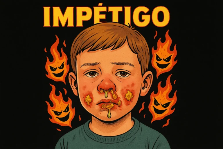 Ilustración de un niño con la cara roja y costras, rodeado de llamas, con el título «Impétigo»