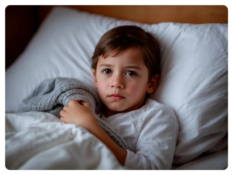 Niño con fiebre acostado en la cama