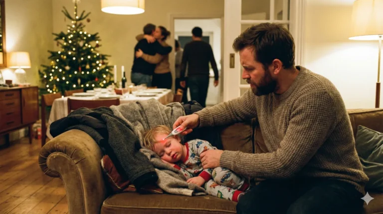 Padre atendiendo a su hijo con fiebre en el salón, junto a un árbol de Navidad