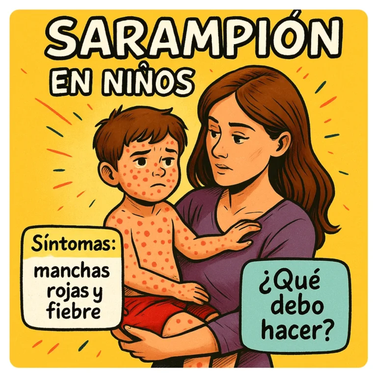 Ilustración «Sarampión en niños»: una madre con su hijo con manchas rojas y fiebre