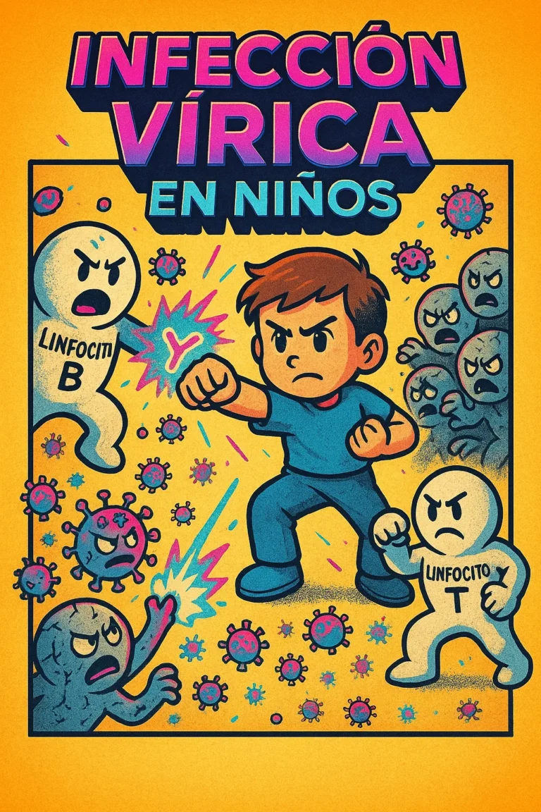 Ilustración de cómic titulada «Infección vírica», con un virus y varios personajes
