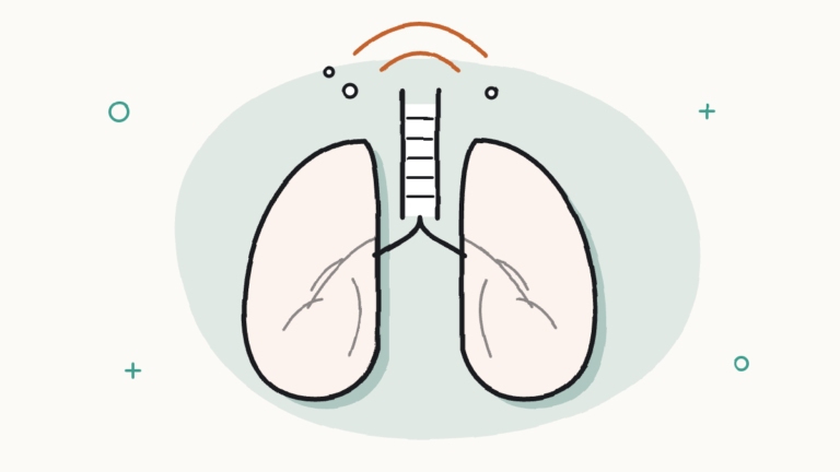 Pulmones y tráquea con arcos naranjas que salen por arriba como una tos