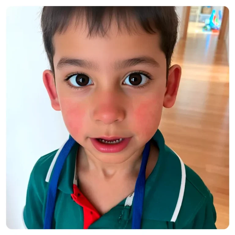 Niño con las mejillas muy rojas por la enfermedad de la bofetada